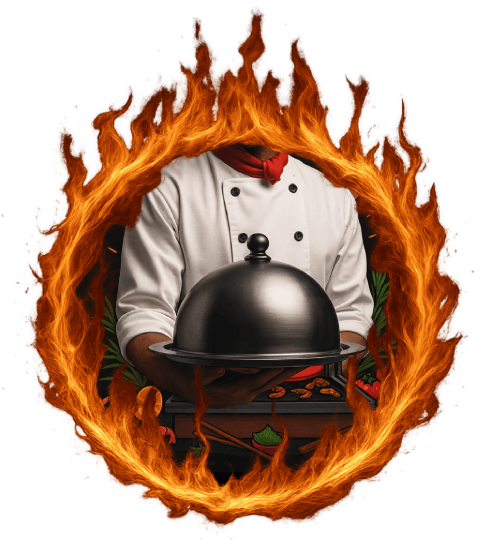 Hibachi chef presenting a covered serving dish with flames in the background
